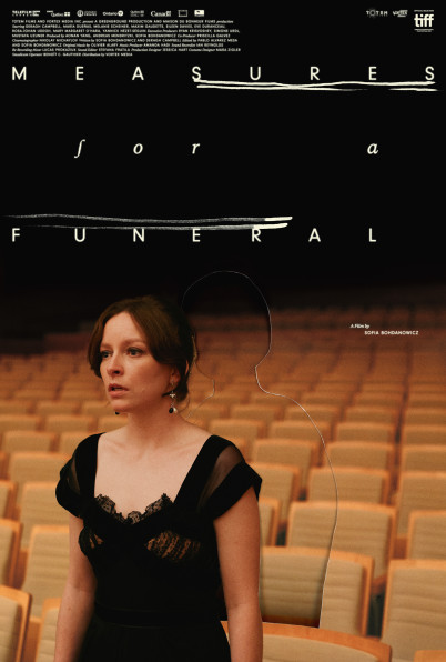 A woman in in a concert hall. Behind her is an almost invisible cut-out of another person. The upper half of the poster is black with title Measures for a Funeral.